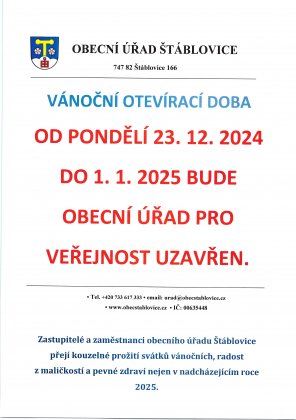 Oznámení obecního úřadu o uzavření pro veřejnost v termínu od 23. 12. 2024 - 1. 1. 2025